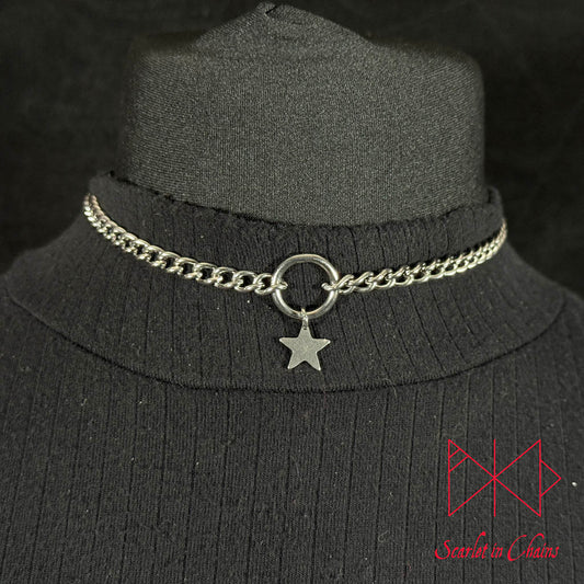 Stainless Steel Star charm necklace, goth choker, alternative collar, stainless steel jewellery, goth jewellery, event jewellery. Goth Necklace, Stainless Steel Necklace, Event Necklace, witch jewellery, witch necklace, witchy necklace, witchy jewellery, occult jewellery, Shown on mannequin