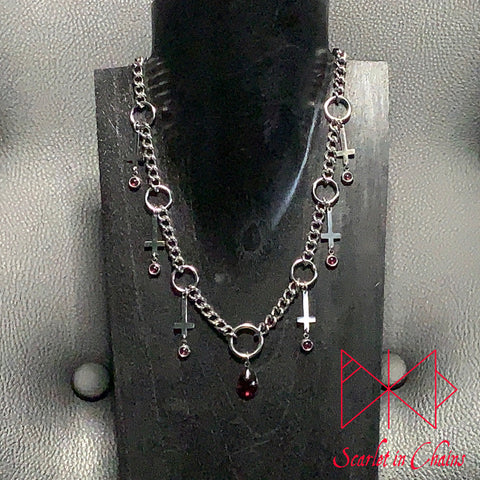 Stainless Steel Unholy Lover  Necklace - Statement Necklace - Vampire Necklace - Garnet - O ring collar showing on stand