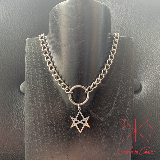 Stainless Steel Unicursal Hexagram charm necklace, day collar, Witch necklace, witchy necklace, Shown Far