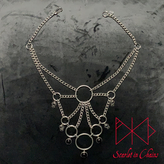 Stainless Steel Web of Eternity Necklace - Statement Necklace - Black Onyx - Spider Necklace - O ring collar showing flat