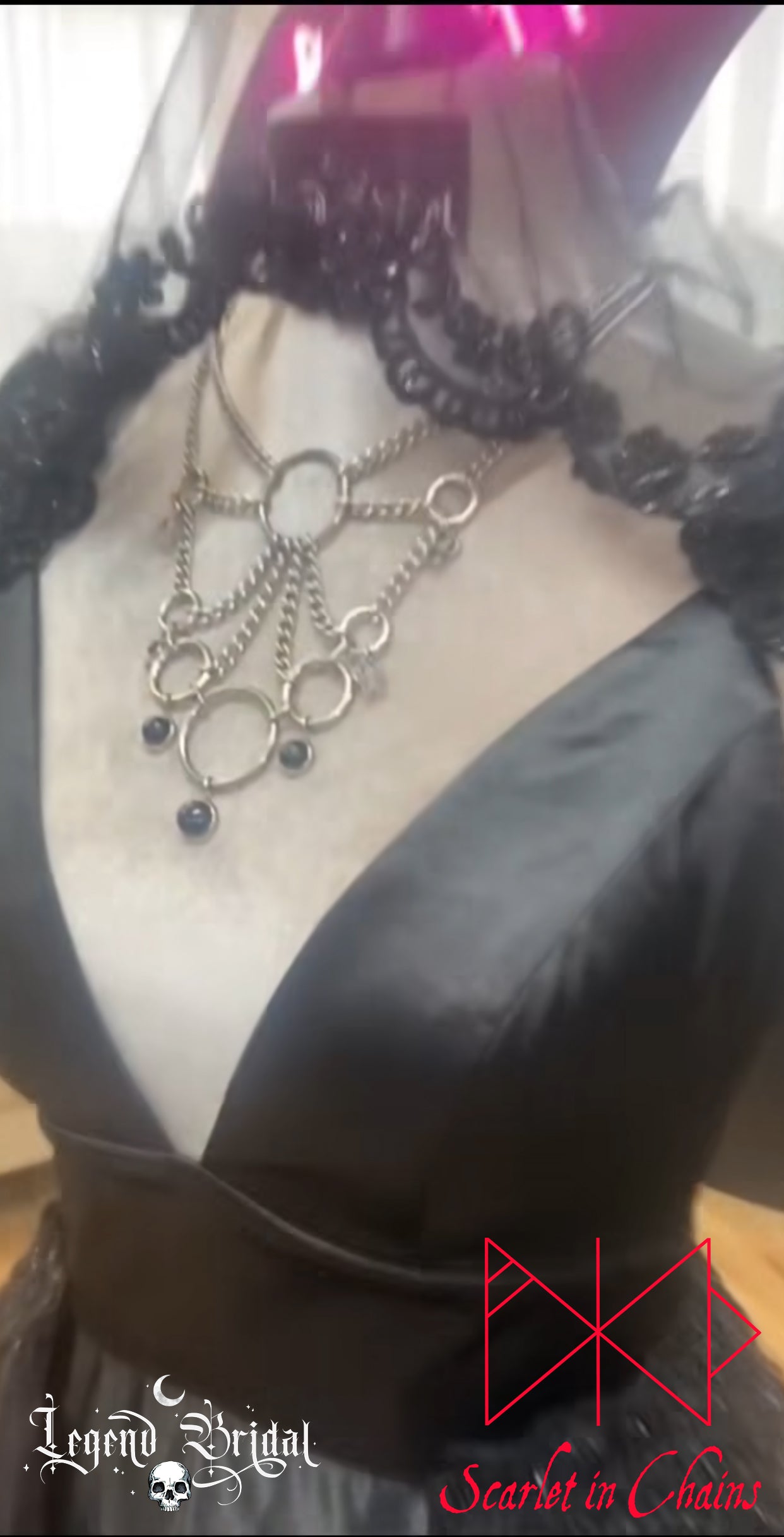 Stainless Steel Web of Eternity Necklace - Statement Necklace - Black Onyx - Spider Necklace - O ring collar showing on Legend Bridal wedding Dress