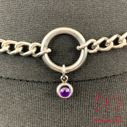 Stainless Steel Micro Crystal Luna day collar - bdsm day collar - amethyst choker - O ring collar - locking day collar - subtle day collar Shown Close up, goth choker, alternative collar, stainless steel jewellery, goth jewellery, event jewellery. Goth Necklace, Stainless Steel Necklace, Event Necklace, witch jewellery, witch necklace, witchy necklace, witchy jewellery, occult jewellery