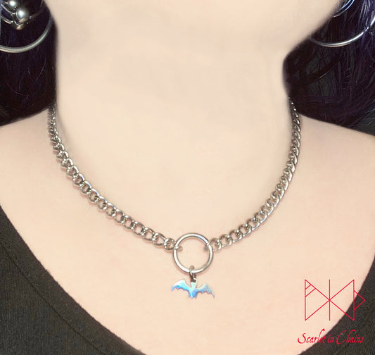 Stainless Steel Bat Choker - Bdsm Day collar - O ring choker - O ring collar - Goth Choker - Fetish - Witch Choker - Vampire - Day Collar shown warn