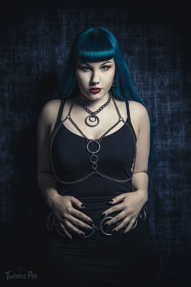 Alignment Harness, goth jewellery alternative jewellery stainless steel jewellery, event jewellery, body chains, Worn with Eclipse Collar and Solar O Ring Belt by Model Sarah Jemima, Photo by Twisted Pix