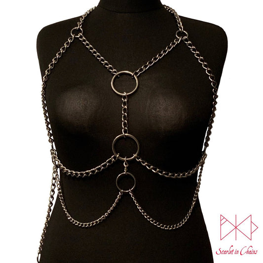 Stainless Steel Artemis body harness made from 304 Stainless Steel with 316 Stainless Steel Rings Shown Front view, goth jewellery alternative jewellery stainless steel jewellery, event jewellery, body chains