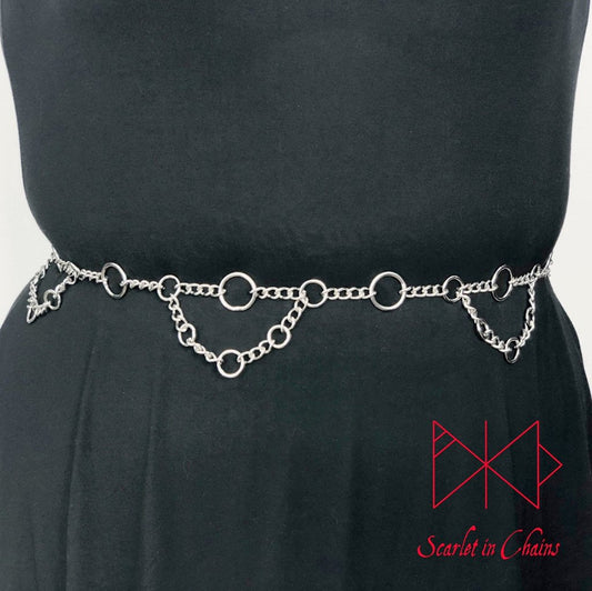 Cathedral Belt worn, stainless steel chain belt with multiple O rings and chain Drops