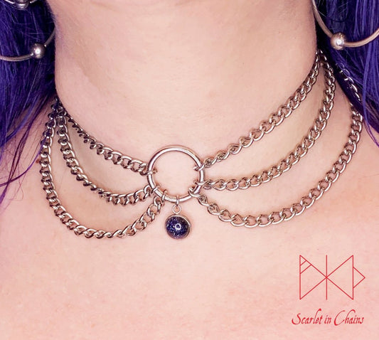 Stainless Steel Crystal Luna Beam day collar - Layered Choker - O ring choker - Goth Choker - Layered necklace - Witch necklace - Amethyst shown worn, goth choker alternative collar stainless steel jewellery, goth jewellery, event jewellery. Goth Necklace, Stainless Steel Necklace, Event Necklace
