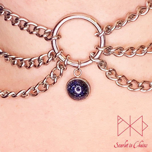Stainless Steel Crystal Luna Beam day collar - Layered Choker - O ring choker - Goth Choker - Layered necklace - Witch necklace - Amethyst shown close, goth choker alternative collar stainless steel jewellery, goth jewellery, event jewellery. Goth Necklace, Stainless Steel Necklace, Event Necklace