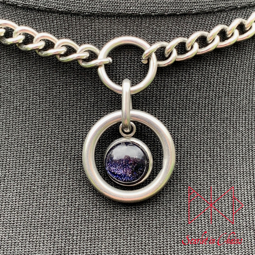 Stainless Steel Crystal Orbit micro day collar - bdsm day collar - Space necklace - Kitten collar - subtle day collar - goth choker - Witch Shown close against Black. goth choker alternative collar stainless steel jewellery, goth jewellery, event jewellery. Goth Necklace, Stainless Steel Necklace, Event Necklace