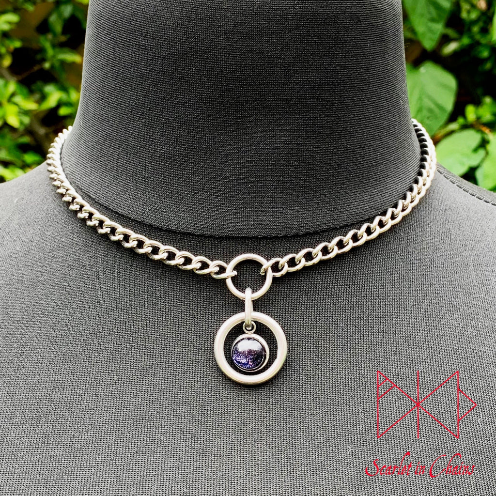 Stainless Steel Crystal Orbit micro day collar - bdsm day collar - Space necklace - Kitten collar - subtle day collar - goth choker - Witch Shown against Black, goth choker alternative collar stainless steel jewellery, goth jewellery, event jewellery. Goth Necklace, Stainless Steel Necklace, Event Necklace