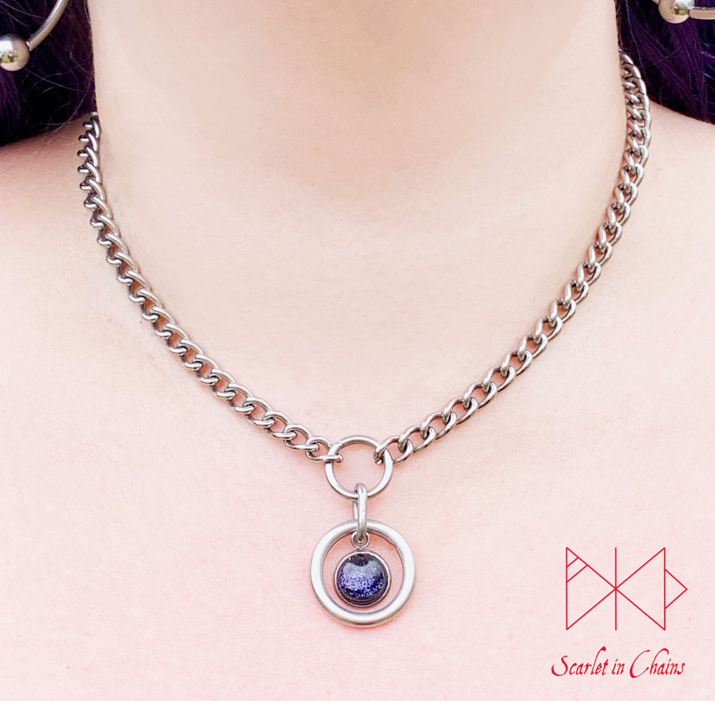 Stainless Steel Crystal Orbit micro day collar - bdsm day collar - Space necklace - Kitten collar - subtle day collar - goth choker - Witch Shown against Skin, goth choker alternative collar stainless steel jewellery, goth jewellery, event jewellery. Goth Necklace, Stainless Steel Necklace, Event Necklace