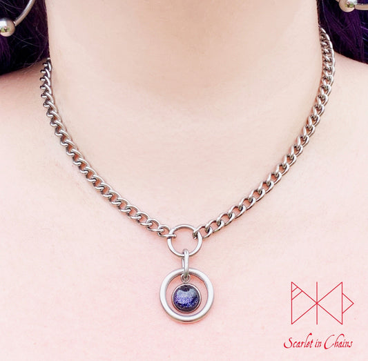 Stainless Steel Crystal Orbit micro day collar - bdsm day collar - Space necklace - Kitten collar - subtle day collar - goth choker - Witch Shown against Skin, goth choker alternative collar stainless steel jewellery, goth jewellery, event jewellery. Goth Necklace, Stainless Steel Necklace, Event Necklace