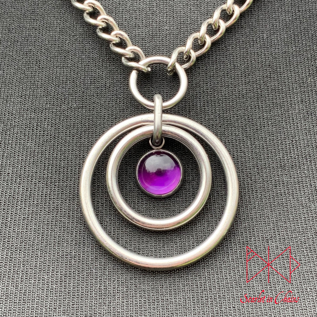 Stainless Steel Crystal Orbital Eclipse micro day collar - bdsm day collar - Double O ring collar - subtle day collar - goth choker - Witch Shown Close against Black, goth choker alternative collar stainless steel jewellery, goth jewellery, event jewellery. Goth Necklace, Stainless Steel Necklace, Event Necklace