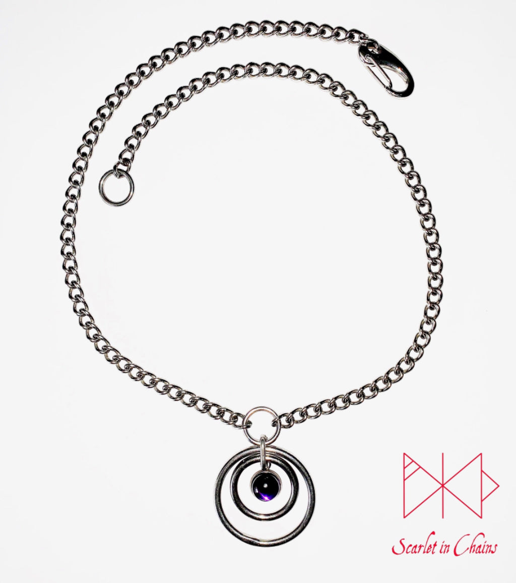 Stainless Steel Crystal Orbital Eclipse micro day collar - bdsm day collar - Double O ring collar - subtle day collar - goth choker - Witch Shown Flat, goth choker alternative collar stainless steel jewellery, goth jewellery, event jewellery. Goth Necklace, Stainless Steel Necklace, Event Necklace