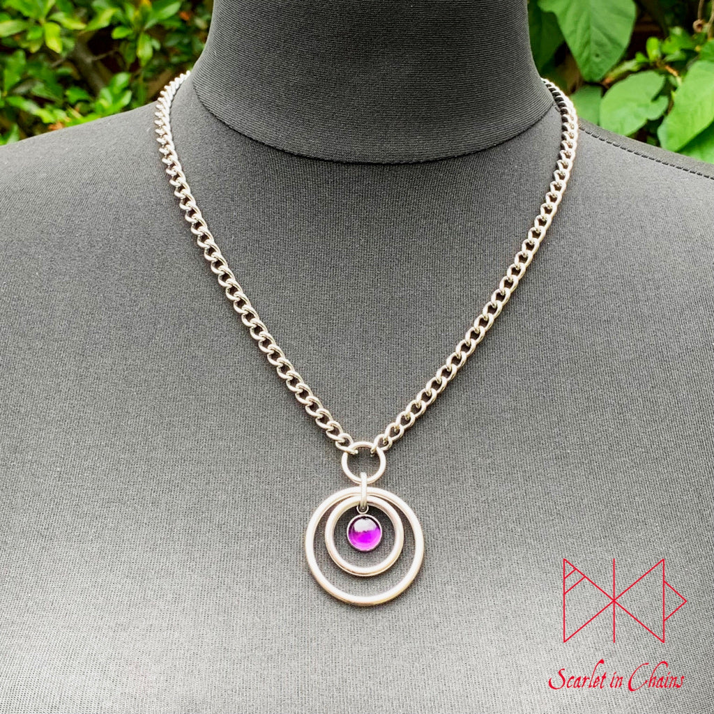 Stainless Steel Crystal Orbital Eclipse micro day collar - bdsm day collar - Double O ring collar - subtle day collar - goth choker - Witch Shown against Black, goth choker alternative collar stainless steel jewellery, goth jewellery, event jewellery. Goth Necklace, Stainless Steel Necklace, Event Necklace
