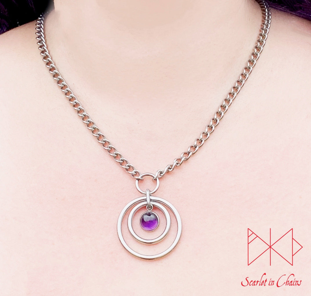 Stainless Steel Crystal Orbital Eclipse micro day collar - bdsm day collar - Double O ring collar - subtle day collar - goth choker - Witch Shown against skin, goth choker alternative collar stainless steel jewellery, goth jewellery, event jewellery. Goth Necklace, Stainless Steel Necklace, Event Necklace