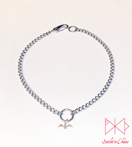 Stainless Steel Bat Choker - Bdsm Day collar - O ring choker - O ring collar - Goth Choker - Fetish - Witch Choker - Vampire - Day Collar shown flat