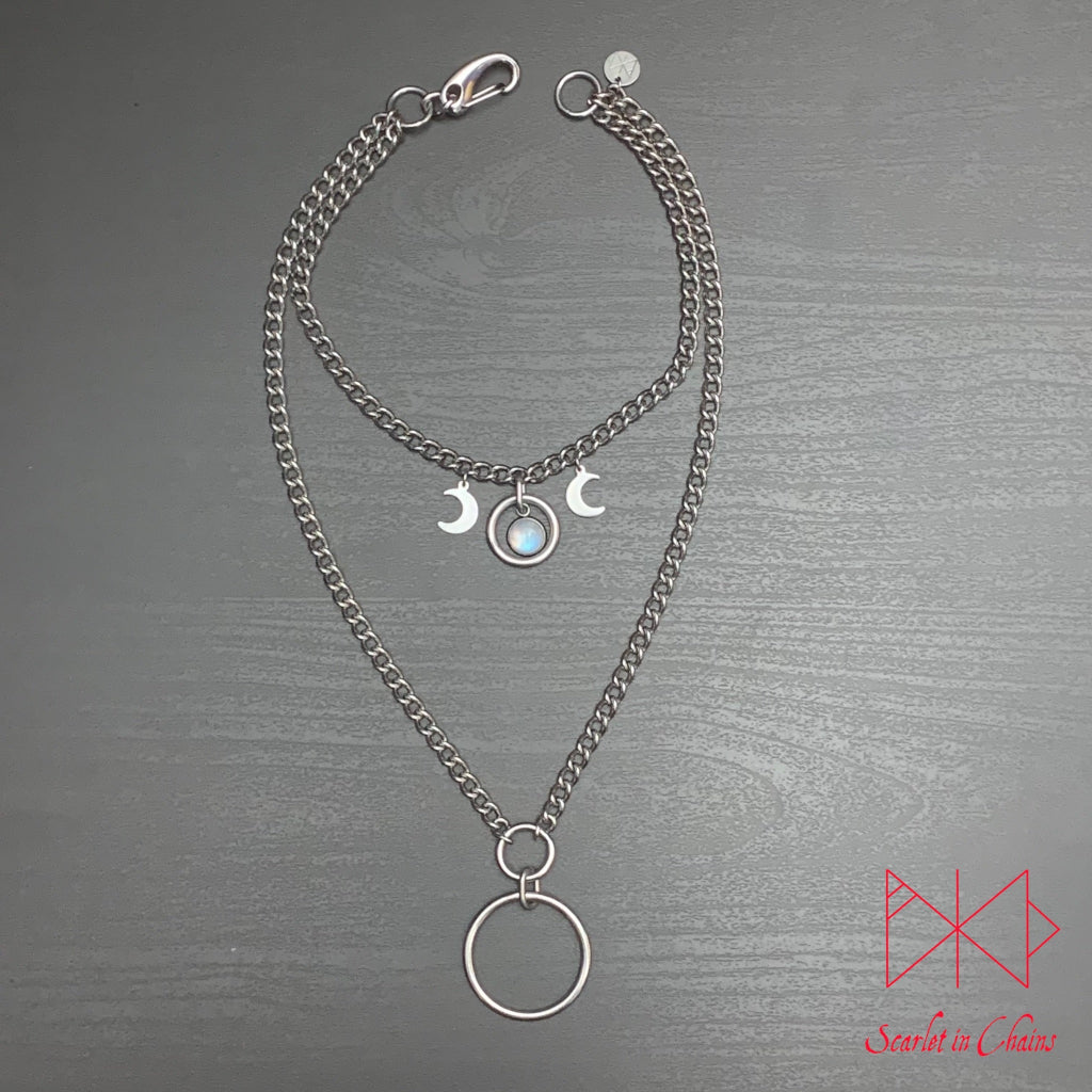 Stainless Steel full circle crystal Goddess double layer necklace - Goddess necklace - Goth necklace - Pagan triple moon goddess - Grunge shown flat, goth choker, alternative collar, stainless steel jewellery, goth jewellery, event jewellery. Goth Necklace, Stainless Steel Necklace, Event Necklace