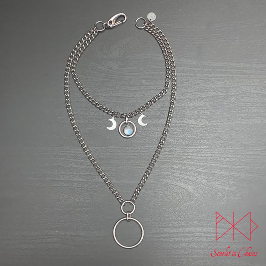 Stainless Steel full circle crystal Goddess double layer necklace - Goddess necklace - Goth necklace - Pagan triple moon goddess - Grunge shown flat, goth choker, alternative collar, stainless steel jewellery, goth jewellery, event jewellery. Goth Necklace, Stainless Steel Necklace, Event Necklace