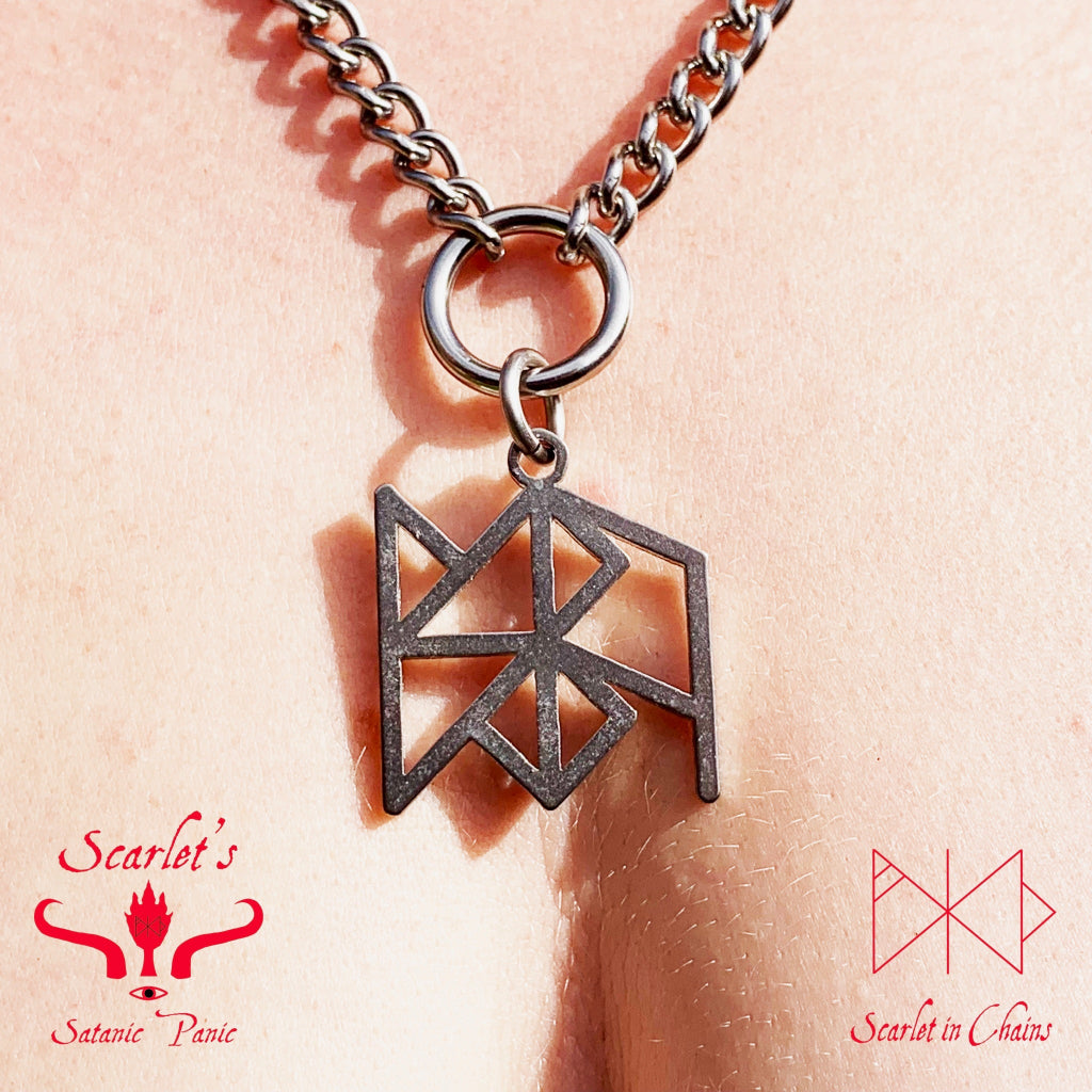 Limited Edition Stainless Steel Uruz (Good Health) Bind Rune necklace close up, goth choker, alternative collar, stainless steel jewellery, goth jewellery, event jewellery. Goth Necklace, Stainless Steel Necklace, Event Necklace, witch jewellery, witch necklace, witchy necklace, witchy jewellery