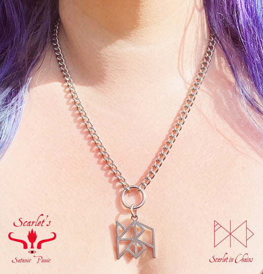 Limited Edition Stainless Steel Uruz (Good Health) Bind Rune necklace worn, goth choker, alternative collar, stainless steel jewellery, goth jewellery, event jewellery. Goth Necklace, Stainless Steel Necklace, Event Necklace, witch jewellery, witch necklace, witchy necklace, witchy jewellery