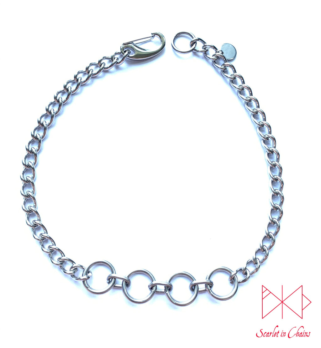 Stainless steel Line of fate chain collar with 4 Stainless Steel O rings at its front finished with a stainless steel clip with new links, goth choker, alternative collar, stainless steel jewellery, goth jewellery, event jewellery. Goth Necklace, Stainless Steel Necklace, Event Necklace, witch jewellery, witch necklace, witchy necklace, witchy jewellery