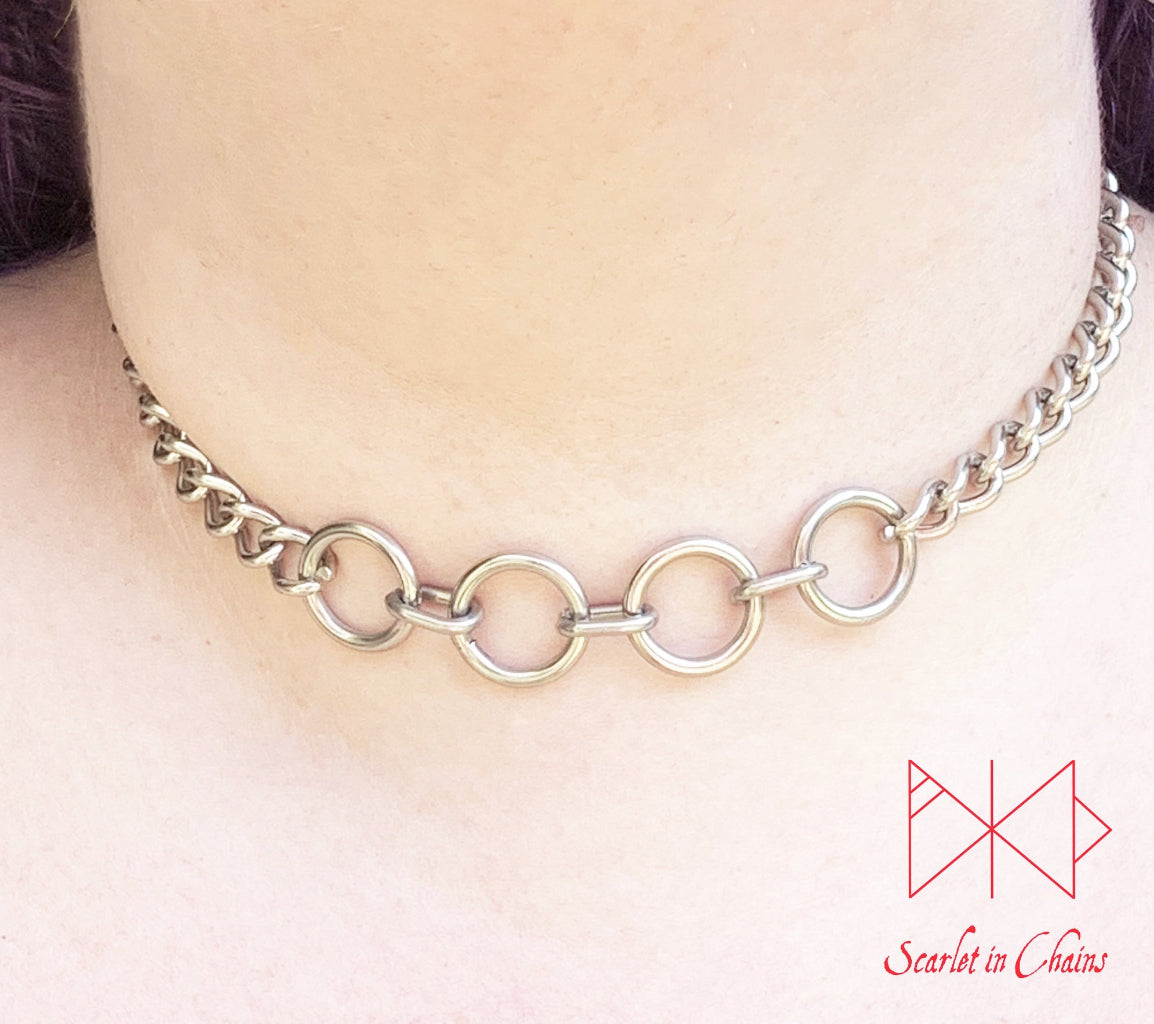 Stainless Steel Line of Fate chain choker with 4 stainless steel O rings shown warn with new links, goth choker, alternative collar, stainless steel jewellery, goth jewellery, event jewellery. Goth Necklace, Stainless Steel Necklace, Event Necklace, witch jewellery, witch necklace, witchy necklace, witchy jewellery