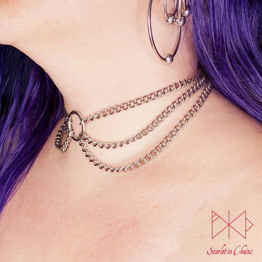 Stainless Steel Moon Beam choker - O ring choker - BDSM day collar - Layered Choker - Grunge choker - Goth choker - Statement choker - Punk shown warn side