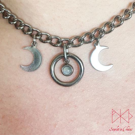 Stainless Steel Crystal Micro Goddess day collar - bdsm day collar - triple goddess necklace - locking day collar - Pagan necklace - Goth shown close up