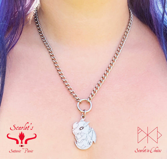 Limited Edition Stainless Steel Mindful Dragon necklace worn, goth choker, alternative collar, stainless steel jewellery, goth jewellery, event jewellery. Goth Necklace, Stainless Steel Necklace, Event Necklace, witch jewellery, witch necklace, witchy necklace, witchy jewellery