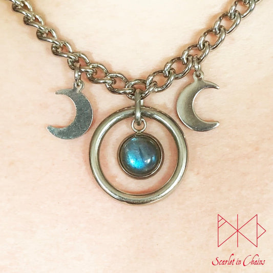 Stainless Steel Micro crystal Goddess - Subtle day collar - Goddess choker - Goddess necklace - Goth necklace - Pagan triple moon goddess Shown close, goth choker alternative collar stainless steel jewellery, goth jewellery, event jewellery. Goth Necklace, Stainless Steel Necklace, Event Necklace