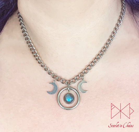 Stainless Steel Micro crystal Goddess - Subtle day collar - Goddess choker - Goddess necklace - Goth necklace - Pagan triple moon goddess Shown worn, goth choker alternative collar stainless steel jewellery, goth jewellery, event jewellery. Goth Necklace, Stainless Steel Necklace, Event Necklace