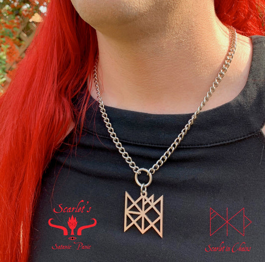316 Stainless Steel Bind Rune Necklace Laser Cut, Laser Etched and had finished custom made to size shown close, goth choker, alternative collar, stainless steel jewellery, goth jewellery, event jewellery. Goth Necklace, Stainless Steel Necklace, Event Necklace, witch jewellery, witch necklace, witchy necklace, witchy jewellery