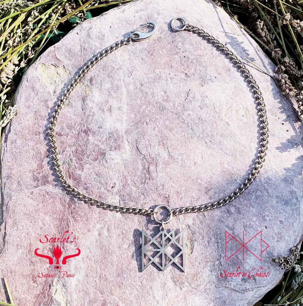 316 Stainless Steel Bind Rune Necklace Laser Cut, Laser Etched and had finished custom made to size shown flat, goth choker, alternative collar, stainless steel jewellery, goth jewellery, event jewellery. Goth Necklace, Stainless Steel Necklace, Event Necklace, witch jewellery, witch necklace, witchy necklace, witchy jewellery