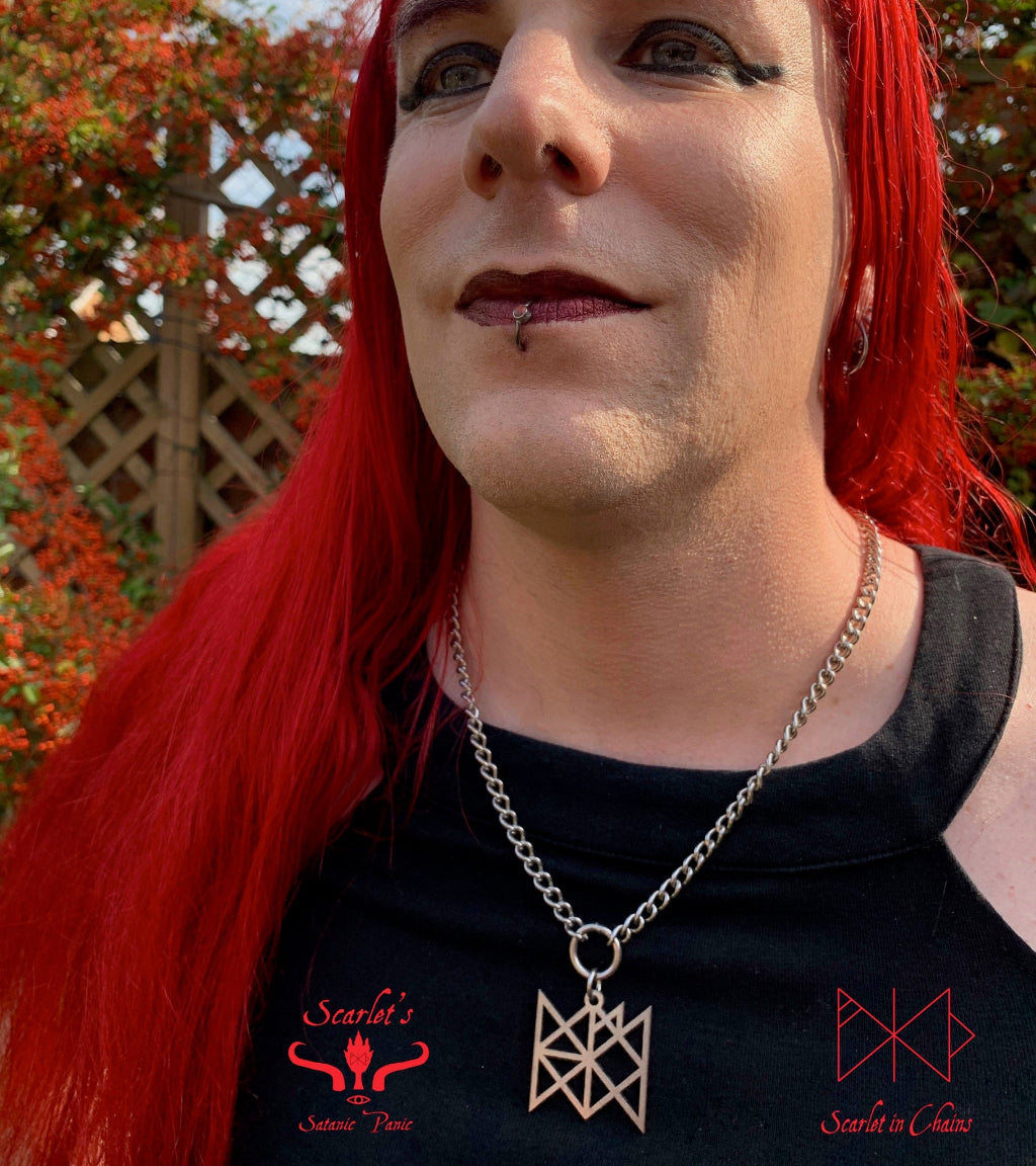 316 Stainless Steel Bind Rune Necklace Laser Cut, Laser Etched and had finished custom made to size shown on model, goth choker, alternative collar, stainless steel jewellery, goth jewellery, event jewellery. Goth Necklace, Stainless Steel Necklace, Event Necklace, witch jewellery, witch necklace, witchy necklace, witchy jewellery