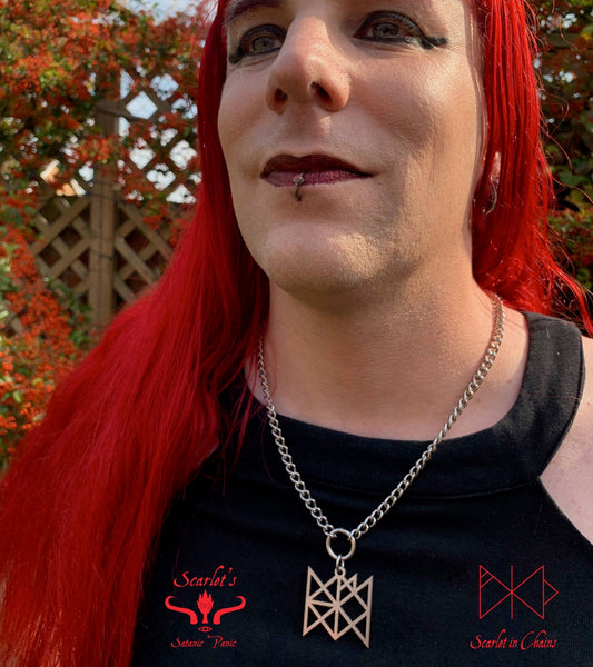 316 Stainless Steel Bind Rune Necklace Laser Cut, Laser Etched and had finished custom made to size shown on model, goth choker, alternative collar, stainless steel jewellery, goth jewellery, event jewellery. Goth Necklace, Stainless Steel Necklace, Event Necklace, witch jewellery, witch necklace, witchy necklace, witchy jewellery
