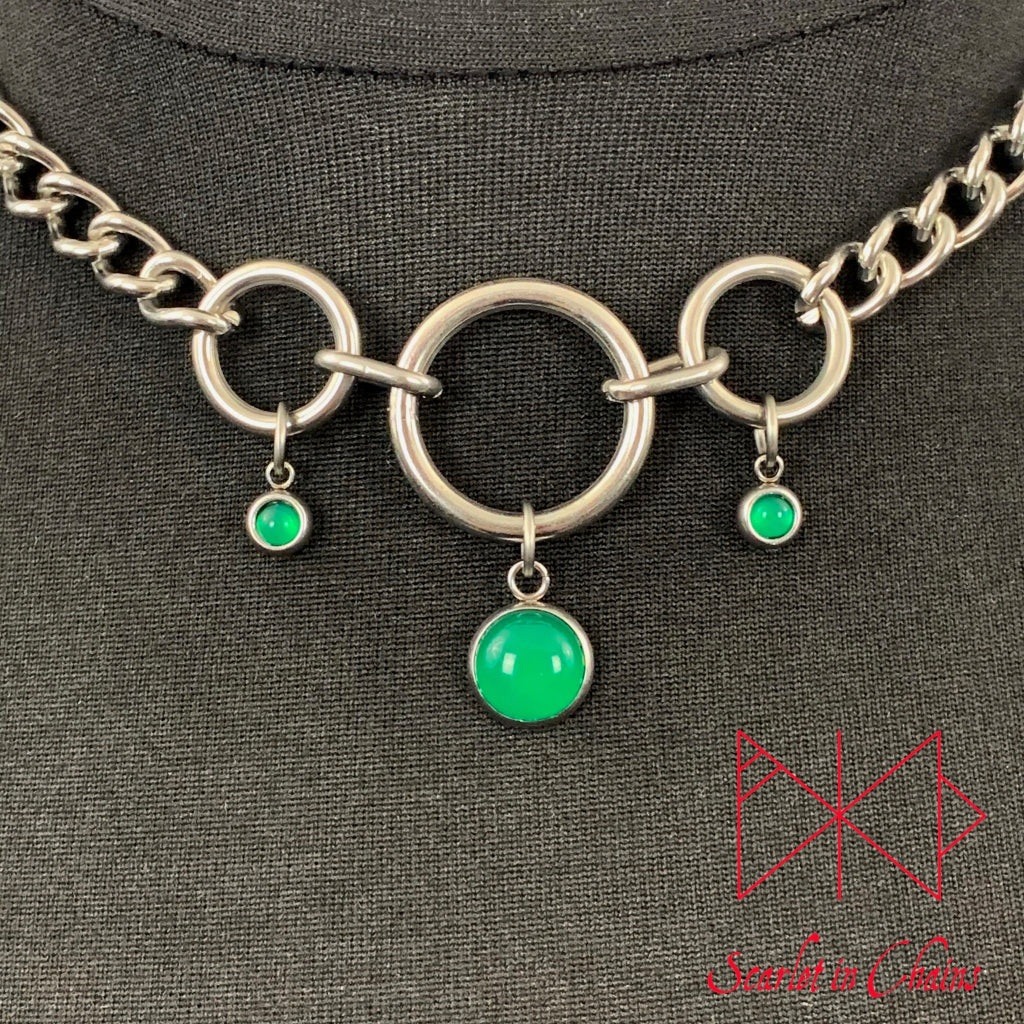 Stainless Steel Royal Necklace - Subtle day collar - Green Onyx necklace - locking collar - Occasion collar - Goth necklace - Mistress Gift close up, goth choker alternative collar stainless steel jewellery, goth jewellery, event jewellery. Goth Necklace, Stainless Steel Necklace, Event Necklace