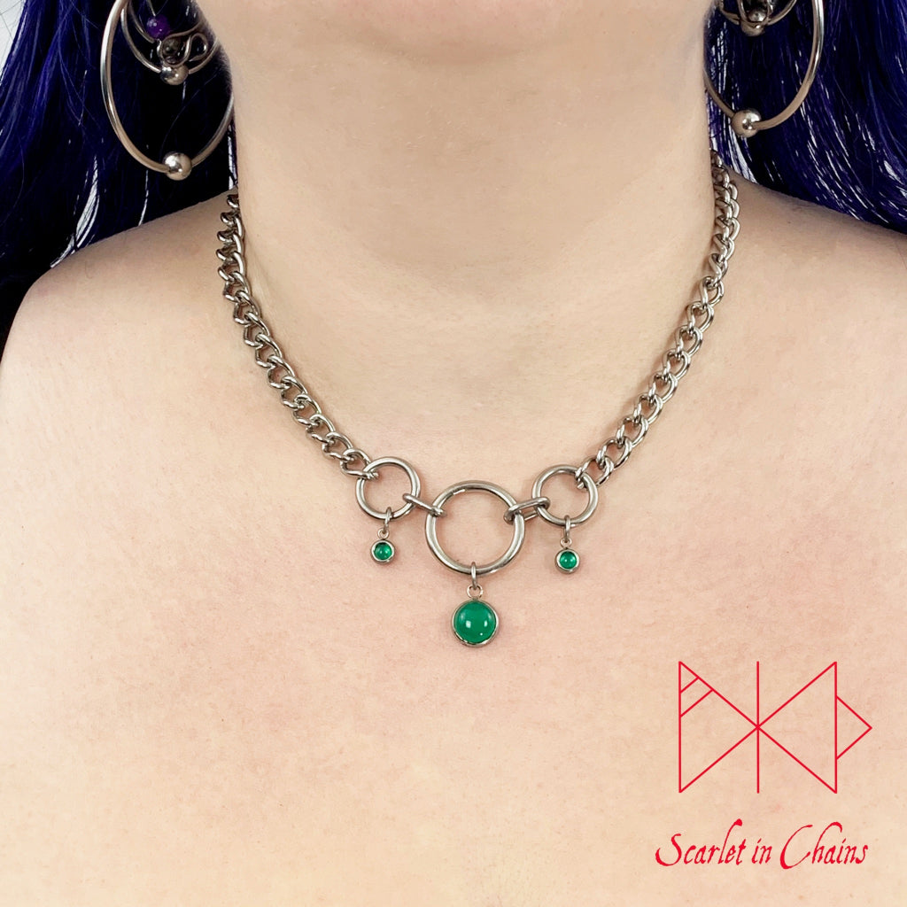 Stainless Steel Royal Necklace - Subtle day collar - Green Onyx necklace - locking collar - Occasion collar - Goth necklace - Mistress Gift worn shot, goth choker alternative collar stainless steel jewellery, goth jewellery, event jewellery. Goth Necklace, Stainless Steel Necklace, Event Necklace