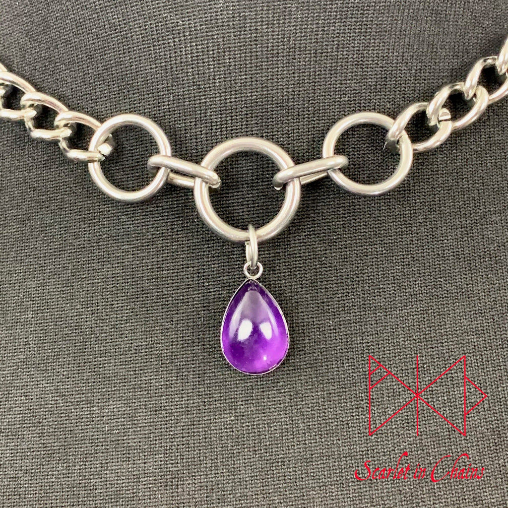Stainless Steel Crystal princess day collar - cute collar - BDSM day collar - Subtle day collar - Amethyst necklace - Goth - BDSM Pet Play close shot, goth choker alternative collar stainless steel jewellery, goth jewellery, event jewellery. Goth Necklace, Stainless Steel Necklace, Event Necklace