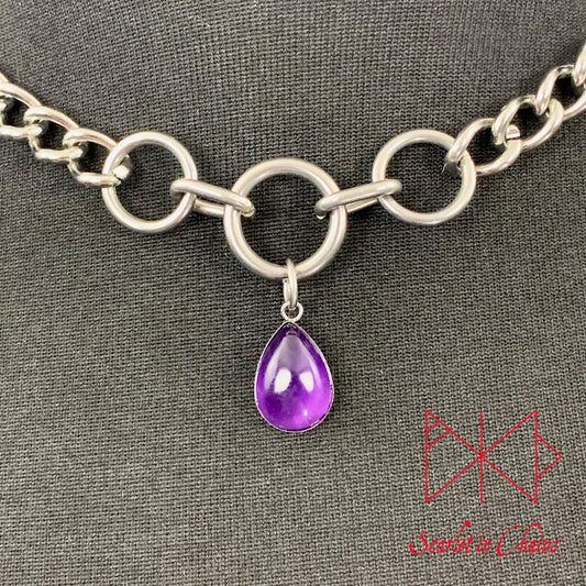 Stainless Steel Crystal princess day collar - cute collar - BDSM day collar - Subtle day collar - Amethyst necklace - Goth - BDSM Pet Play close shot, goth choker alternative collar stainless steel jewellery, goth jewellery, event jewellery. Goth Necklace, Stainless Steel Necklace, Event Necklace