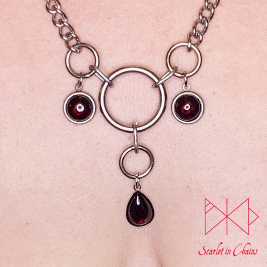 Crystal Trinitarius Necklace Divine Feminine Semi Precious Crystals Shown Worn Close, goth choker alternative collar stainless steel jewellery, goth jewellery, event jewellery. Goth Necklace, Stainless Steel Necklace, Event Necklace