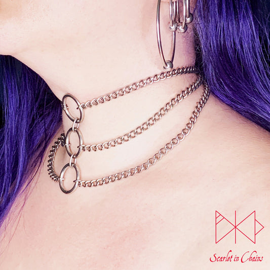 tainless Steel Triple Luna Choker - Bdsm Day Collar - Layered necklace - Goth choker - O ring choker - Grunge choker - Goth Wedding - Punk Shown Warn side