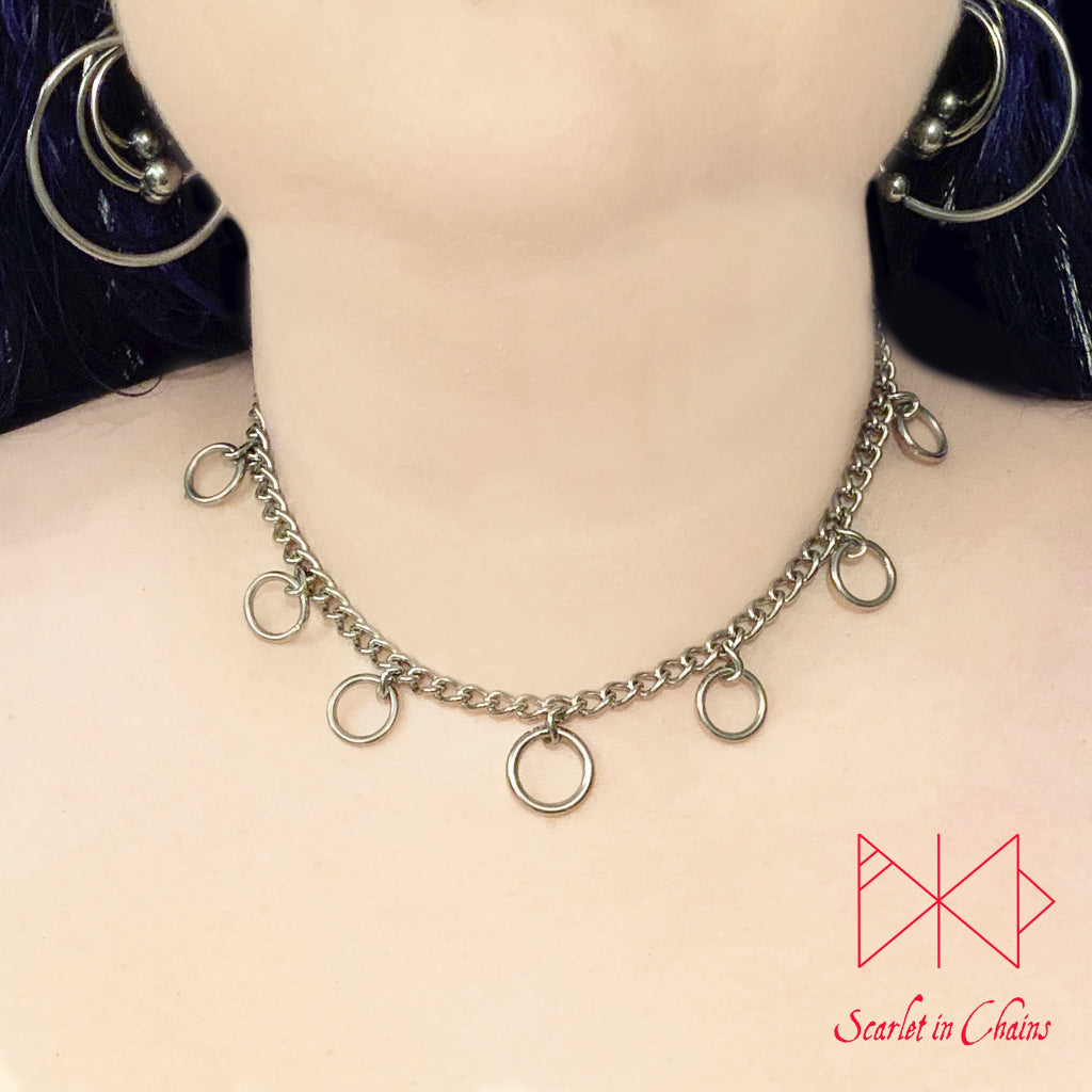 Valkyrie Micro chain collar 304 Stainless Steel shown warn, goth choker, alternative collar, stainless steel jewellery, goth jewellery, event jewellery. Goth Necklace, Stainless Steel Necklace, Event Necklace, witch jewellery, witch necklace, witchy necklace, witchy jewellery, occult jewellery, day collar