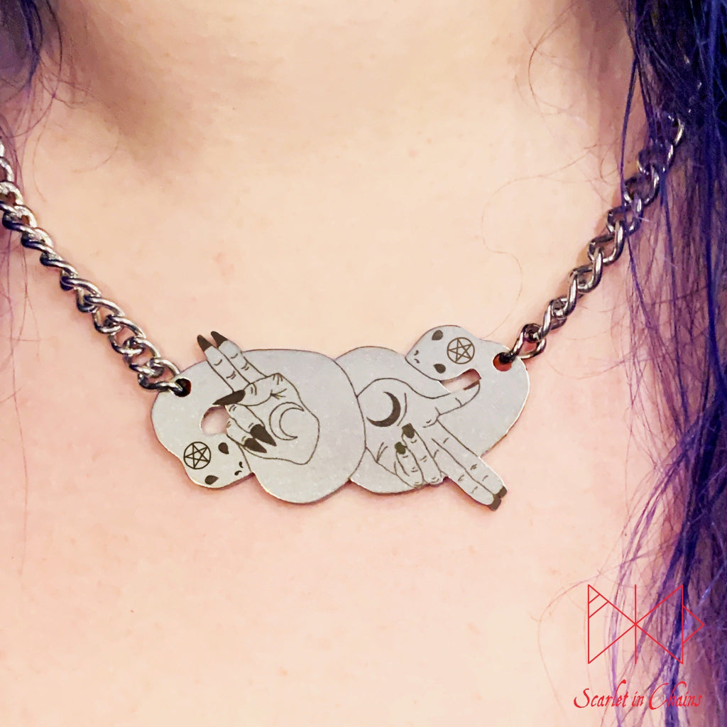 Limited Edition Stainless Steel As Above So Below necklace - Occult Necklace - Witch Necklace - Baphomet Necklace - Goth Necklace - Witchy shown close, goth choker, alternative collar, stainless steel jewellery, goth jewellery, event jewellery. Goth Necklace, Stainless Steel Necklace, Event Necklace, witch jewellery, witch necklace, witchy necklace, witchy jewellery