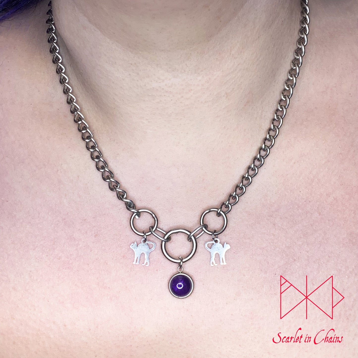 Midnight Cats stainless steel semiprecious crystal day collar - Goth choker - Cat necklace - Goth collar - Pastel Goth shown warn