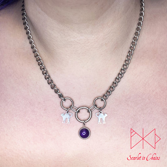 Midnight Cats stainless steel semiprecious crystal day collar - Goth choker - Cat necklace - Goth collar - Pastel Goth shown warn