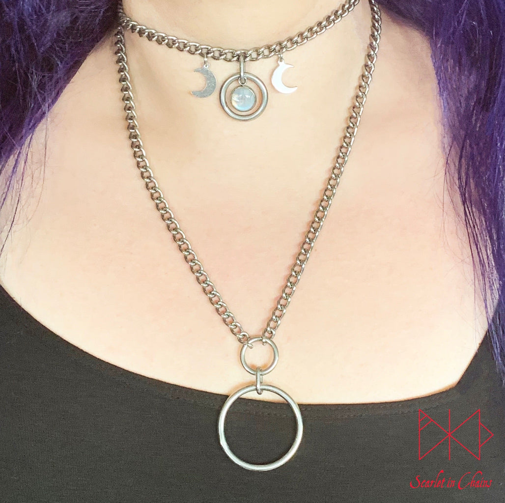 Stainless Steel full circle crystal Goddess double layer necklace - Goddess necklace - Goth necklace - Pagan triple moon goddess - Grunge worn shot, goth choker, alternative collar, stainless steel jewellery, goth jewellery, event jewellery. Goth Necklace, Stainless Steel Necklace, Event Necklace