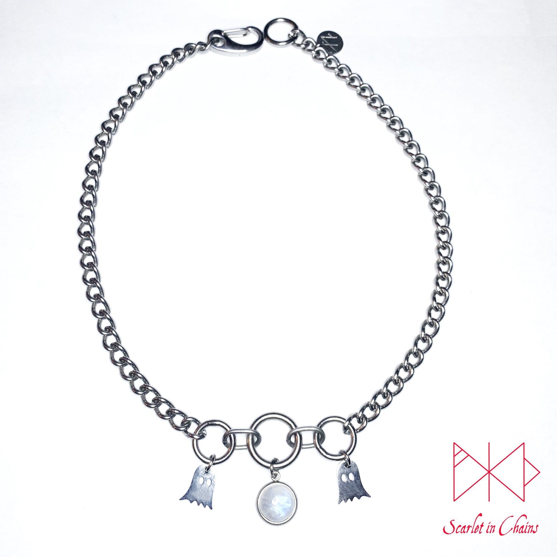 Midnight ghosts stainless steel semiprecious crystal day collar - Goth choker - Cat necklace - Goth collar - Pastel Goth shown flat