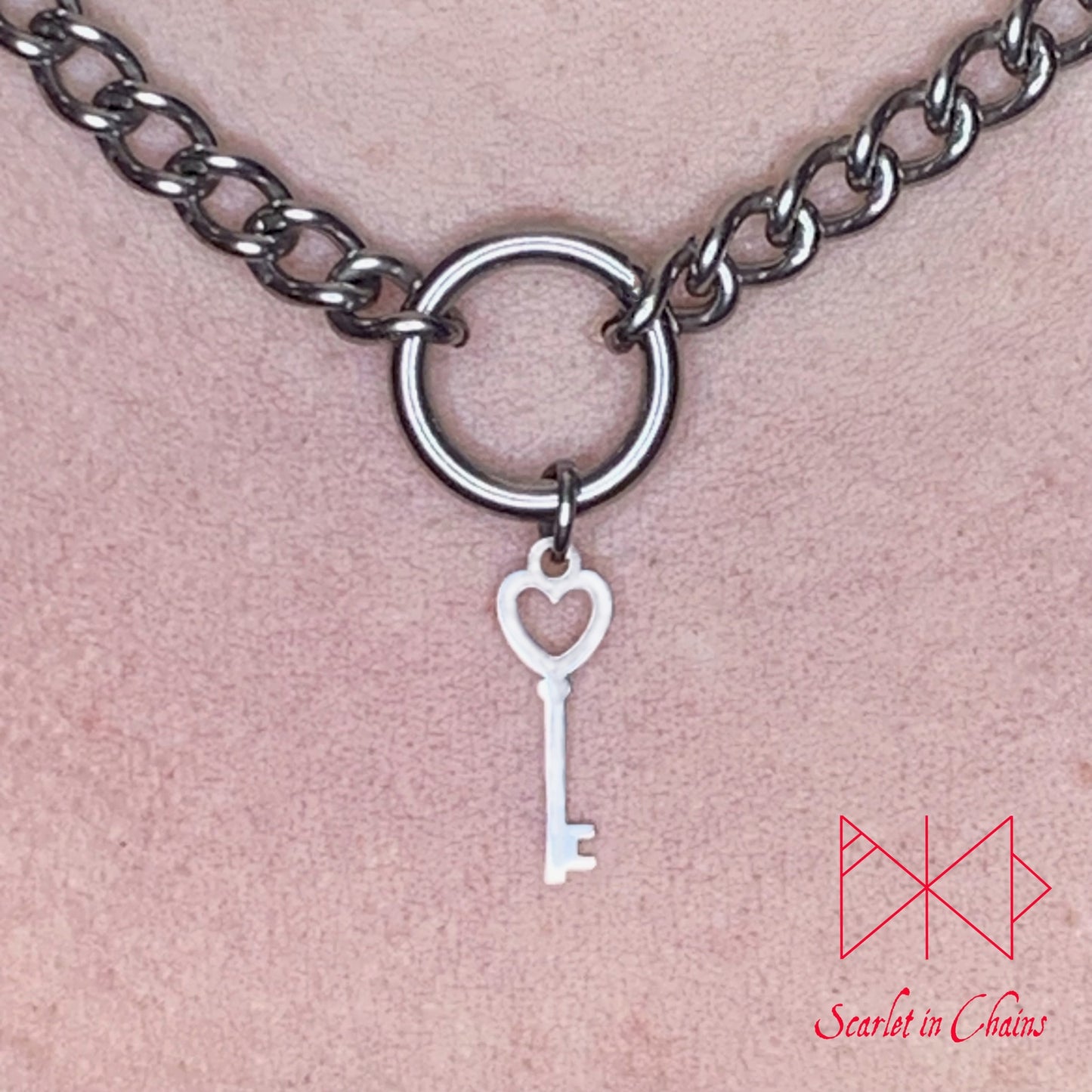 Stainless Steel Ceremonial Key Charm Necklace, Heart Key Charm Necklace, Mistress Necklace, BDSM Necklace Shown Close