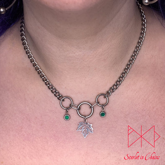 Stainless Steel Crystal Midday Leaf day collar - bdsm day collar - O ring collar - locking day collar - subtle day collar - Goth shown warn